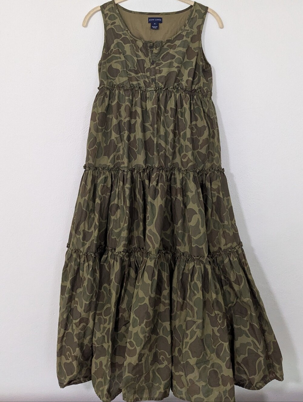 Ralph Lauren Girls Camo Maxi Dress Tiered Ruffle Trim Sleeveless Green 16